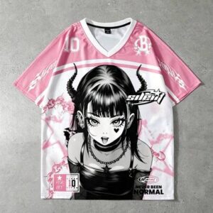 [Street Anime Jersey Short Sleeve] Men's V-Neck Short Sleeve T-Shirt, Black & White Angel Girl Print + Number 10 Element Print, Essential Streetwear Casual Top